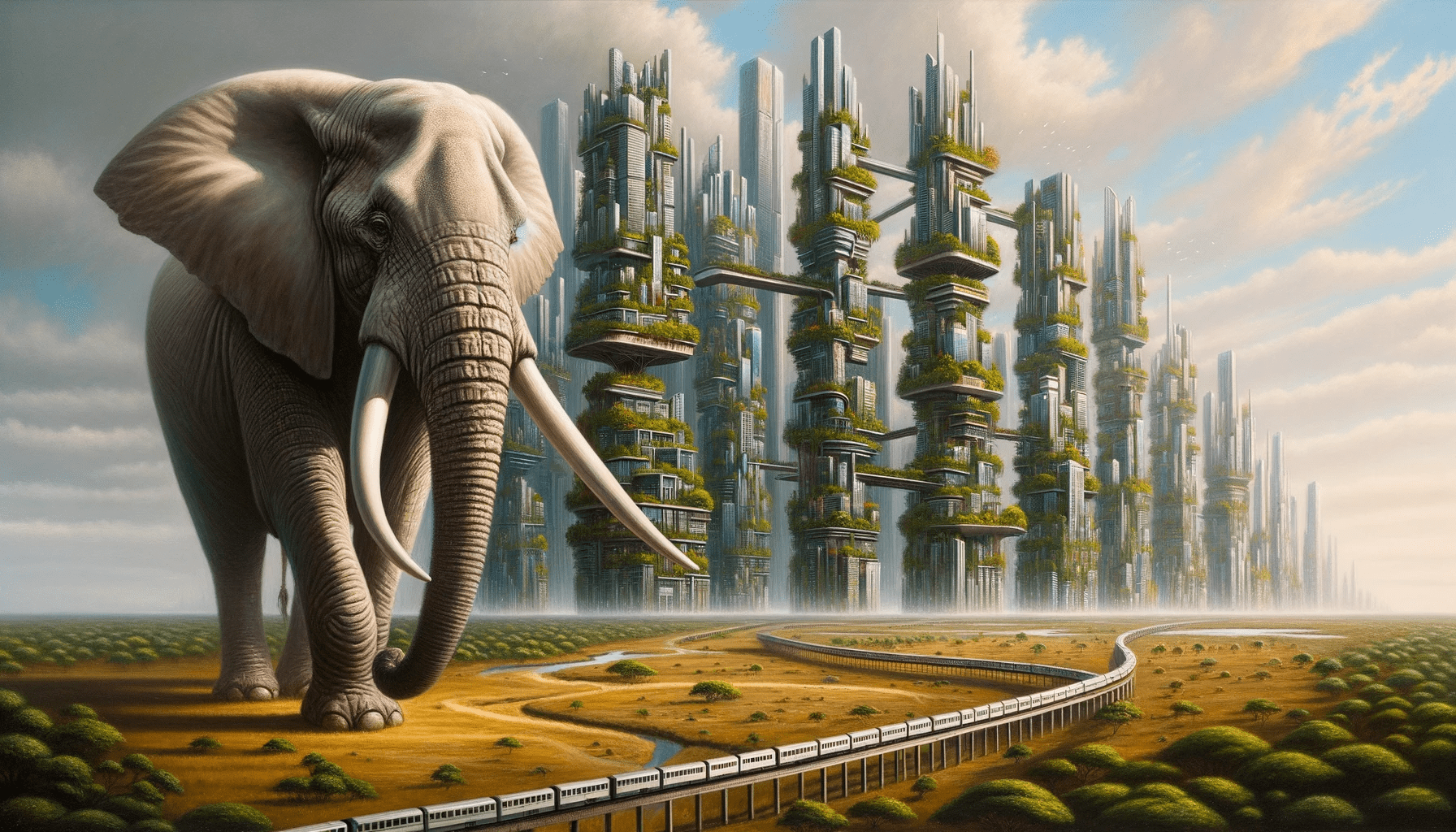 Oil painting of an expansive savannah where an elephant strolls, its enormous tusks extending as modern skyscrapers. These tower-like tusks are bustli