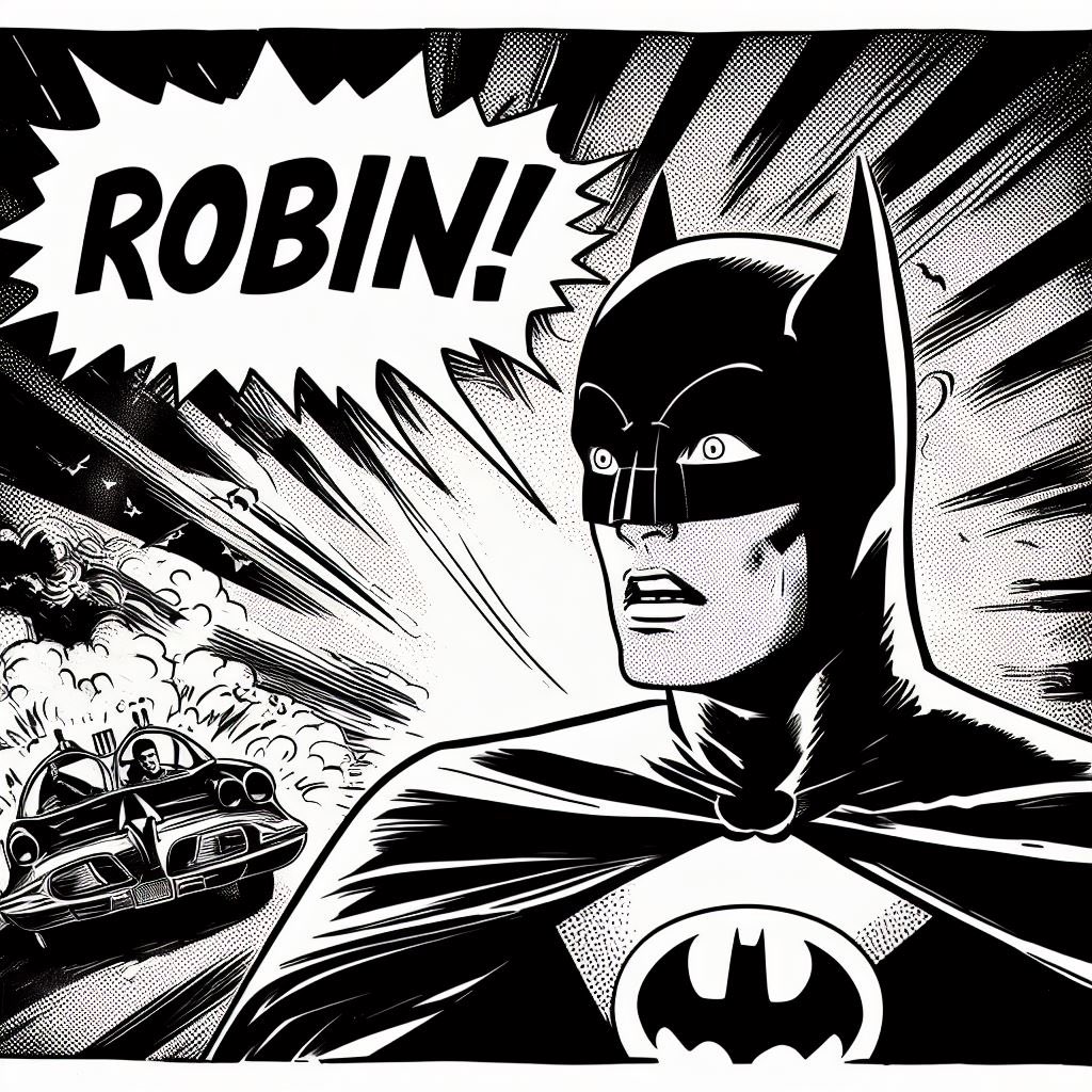 Create a black and white comic book panel with Batman standing looking panicked and afraid in front of his Batmobile in a dramatic way. Include a bubble above his head saying "ROBIN!”