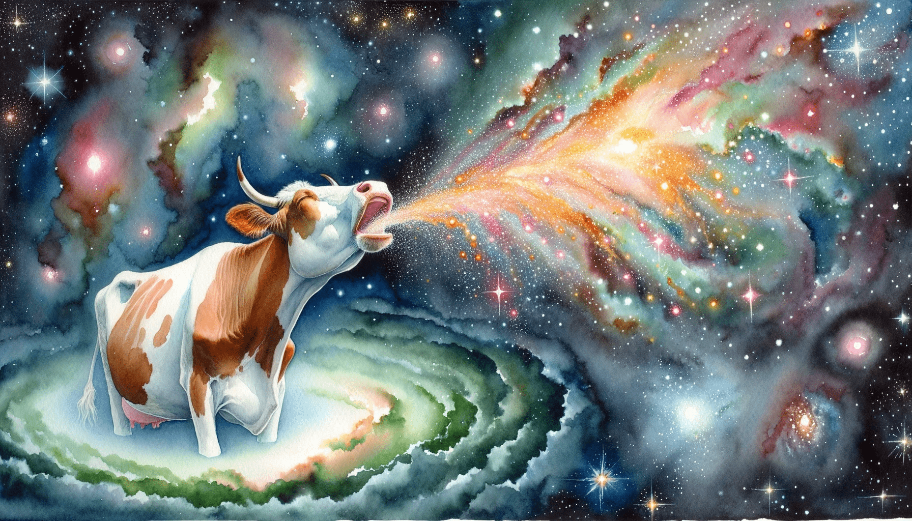 Within the profound expanse of the cosmos, a cow contentedly feeds on the gleaming fibers of the Milky Way.